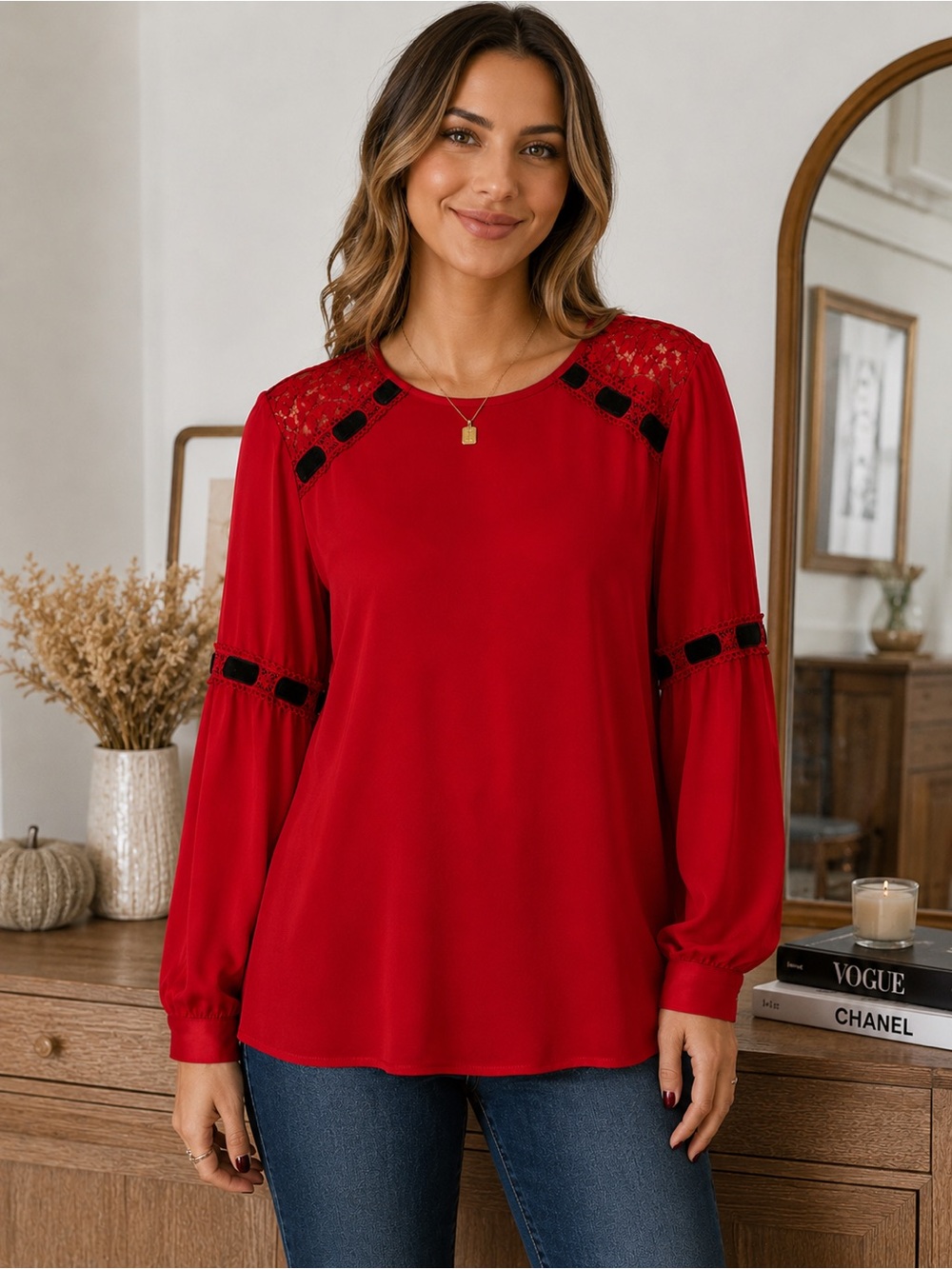 Karl Lagerfeld Paris Red Blouse Womens M Lace Black Ribbon Long Sleeve Romantic